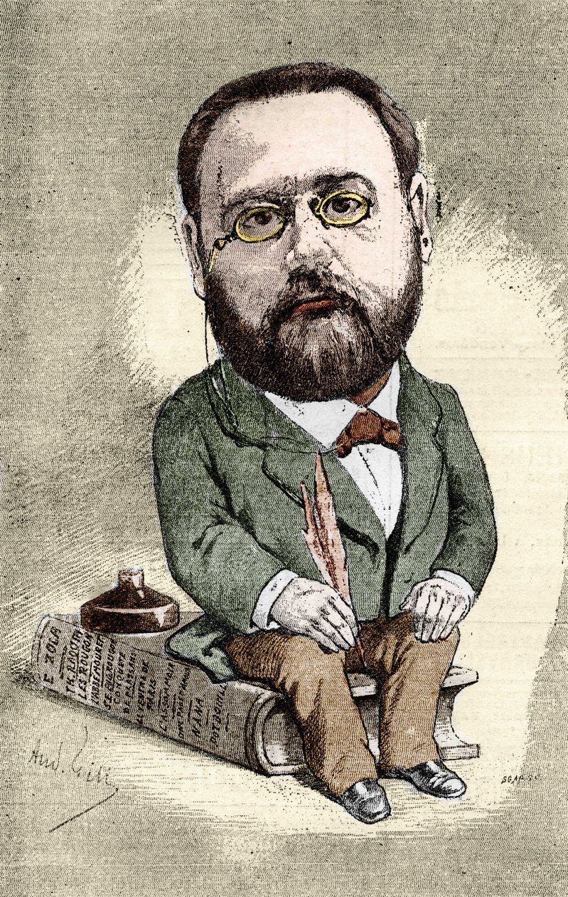 Portrét Emila Zoly (1840-1902), francouzského spisovatele. Karikatura od Andre Gilla pro slavný svět. od Andre Gill