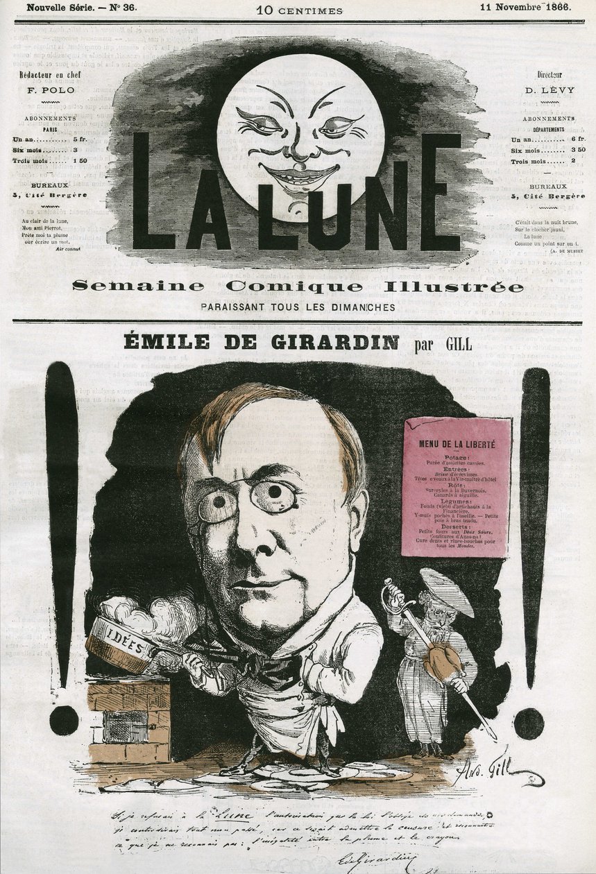 Portrét Emile de Girardin (1806-1881), francouzský novinář. Cartoon od Gill, v "The Moon", 11. listopadu od Andre Gill