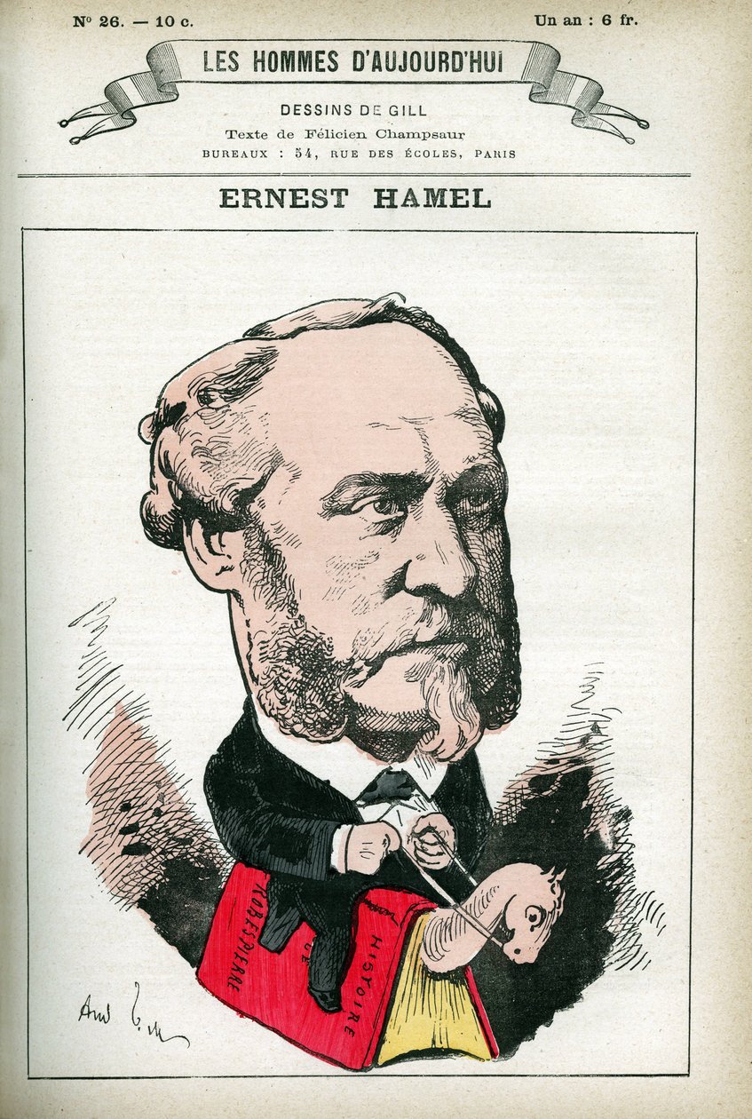 Portrét Ernesta Hamela (1826-1898), francouzského právníka a politika. Cartoon od Gill, v "Les Homme d