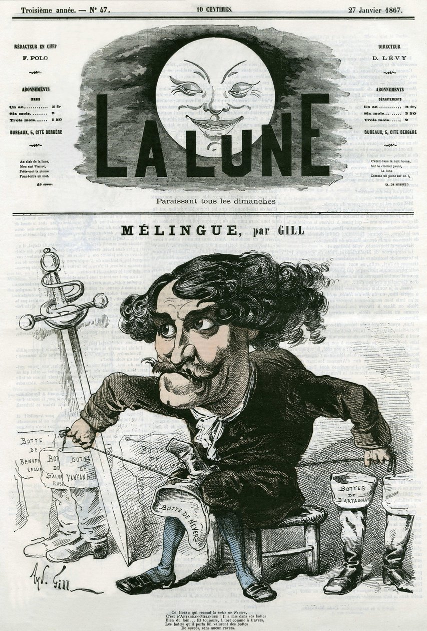 Portrét Etienna Marina Melinguea (1808-1875), francouzského herce a sochaře. Cartoon by Gill, v „La Lune“, 27. ledna od Andre Gill