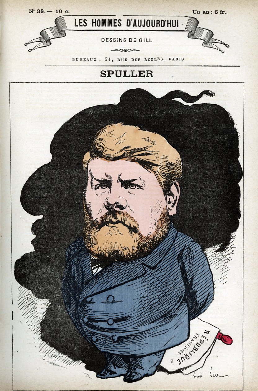 Portrét Eugena Spullera (1835-1896), francouzského politika a právníka. Cartoon od Gill, v "Les Homme d