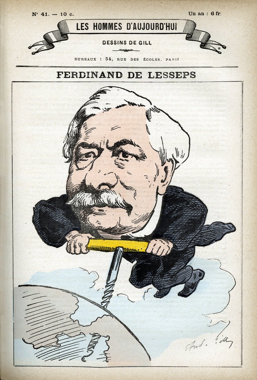 Portrét Ferdinanda de Lesseps (1805-1894), francouzského diplomata. Cartoon od Gill, v “Les Homme Today”, Paříž od Andre Gill