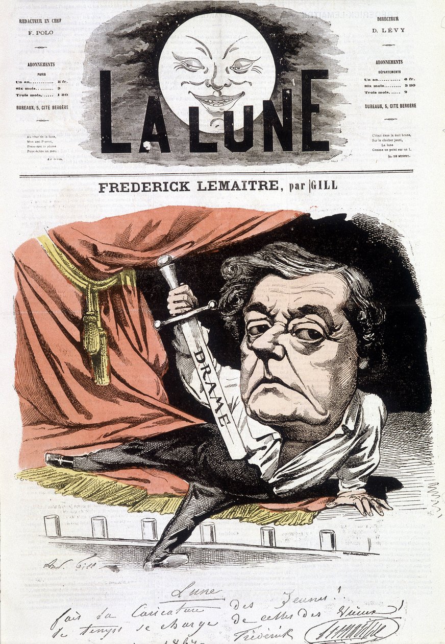 Portrét Frédéricka Lemaîtra (1800-1876), francouzského divadelního herce. Cartoon od Gill v „La Lune“, 16. června od Andre Gill
