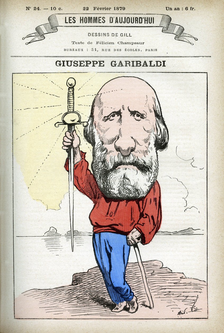 Portrét Giuseppe Garibaldiho (1807-1882), italského politika. Cartoon od Gill, v “Les Homme Today”, Paříž od Andre Gill