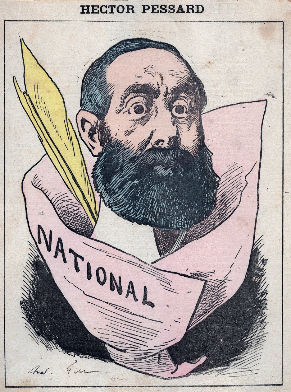 Portrét Hectora Pessarda, francouzského novináře a majitele novin “Le National”” kreslený Andre Gill, v “”Les Hommes d