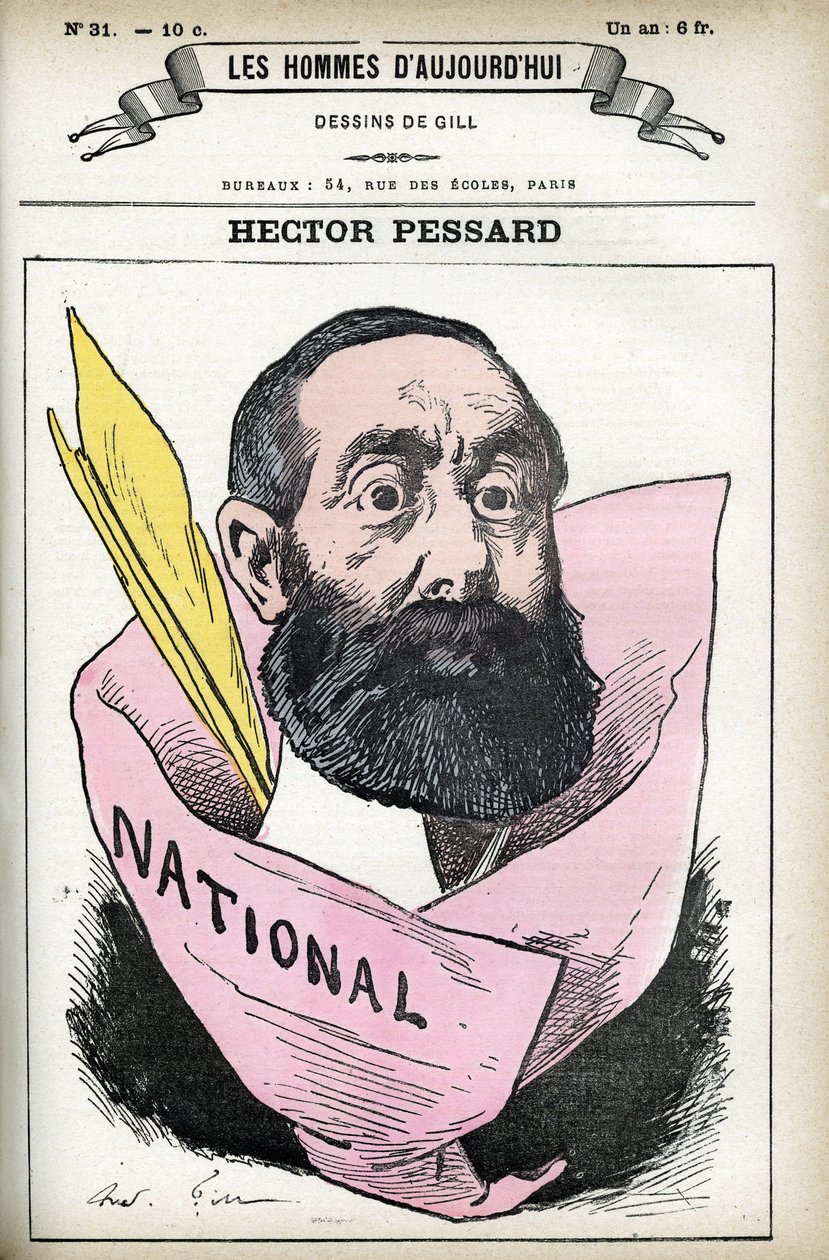 Portrét Hectora Pessarda, francouzského novináře a majitele deníku „Le National““. Cartoon od Gill, v "Les Homme d