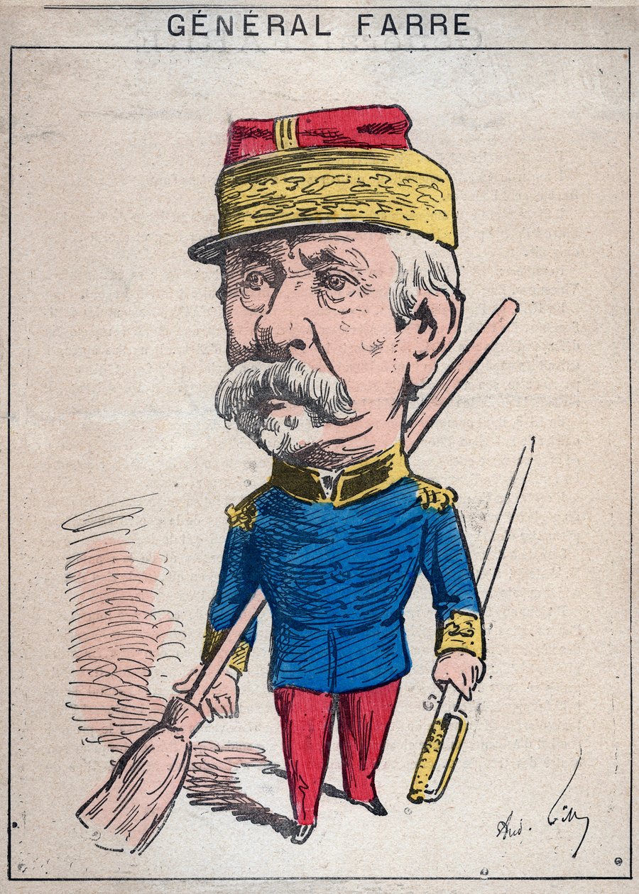 Portrét Jean Joseph Frederic Albert Farre (1816-1887), francouzský voják, v roce 1870 byl jmenován generálem a ministrem války - kreslený film Andre Gill v „Les Hommes d
