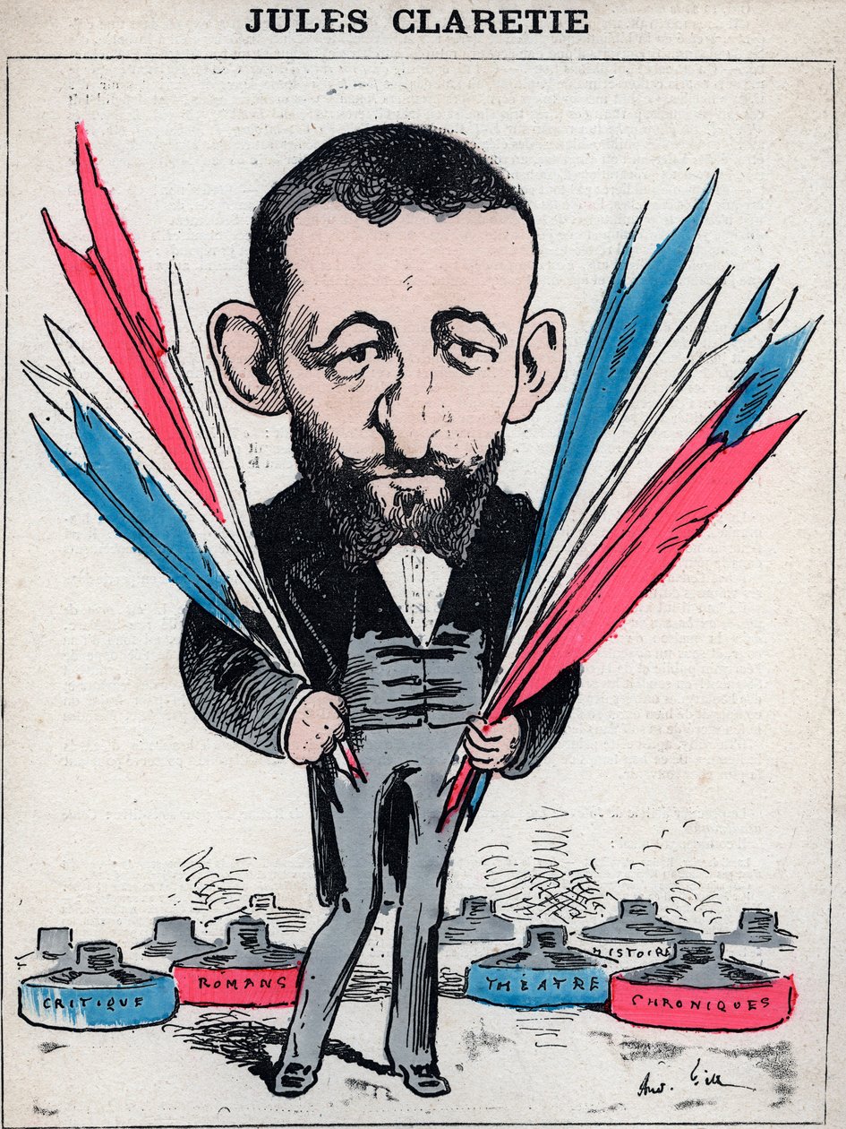 Portrét Julese Claretie (1840-1913), francouzský romanopisec, dramatik a kritik - Karikatura Andre Gill, v „Les Hommes d