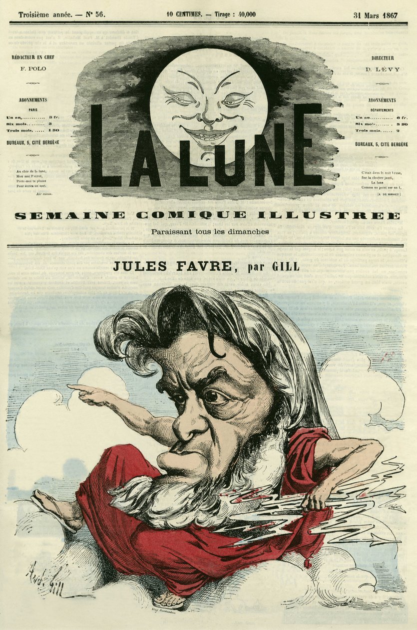 Portrét Julese Favrea (1809-1880), francouzského právníka a politika. Cartoon by Gill, v "The Moon", 31. března od Andre Gill