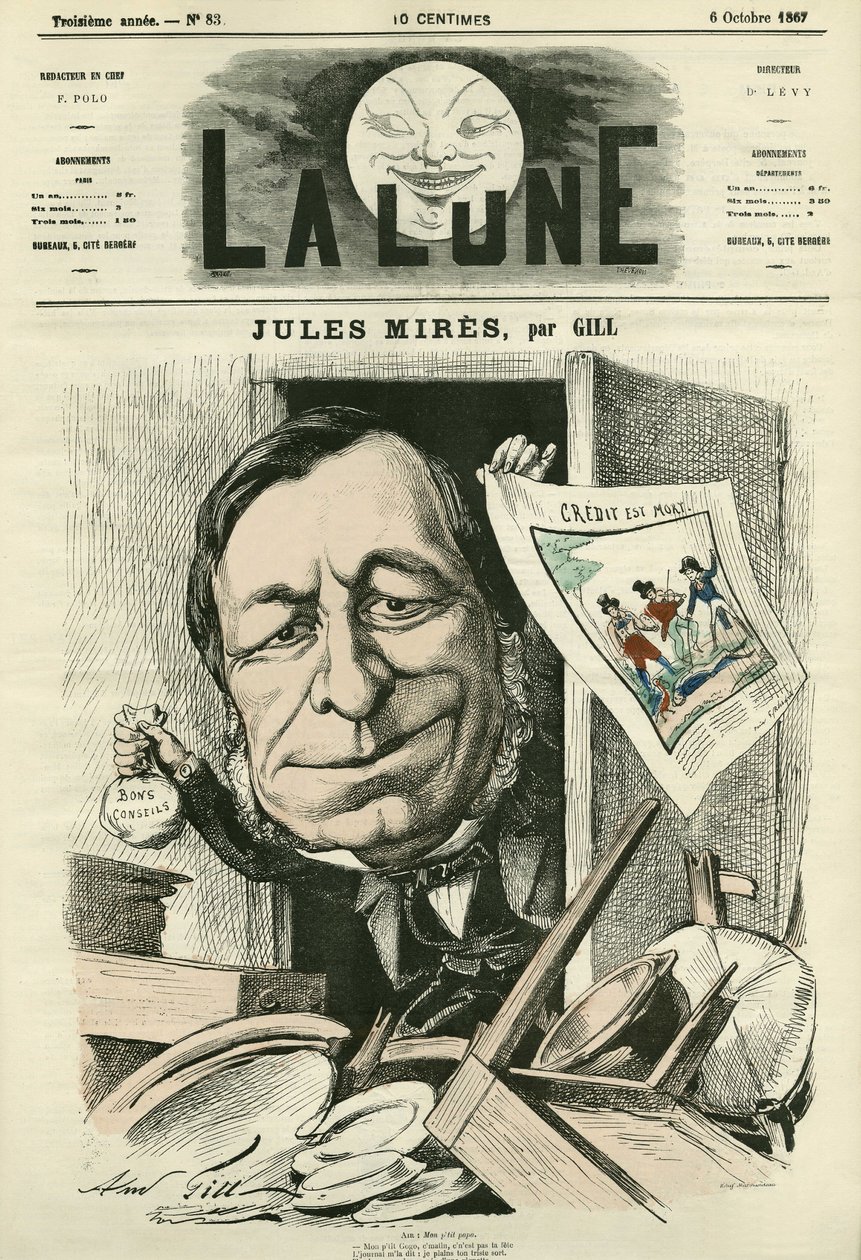 Portrét Julese Mirese (1809-1871), francouzského průmyslníka. Cartoon by Gill, v "The Moon", 6. října od Andre Gill
