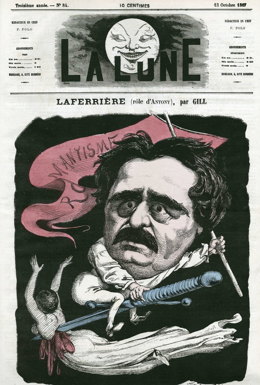 Portrét Laferriere (1853-?), francouzského herce v roli „Antonyho“. Cartoon by Gill, v "The Moon", 13. října od Andre Gill