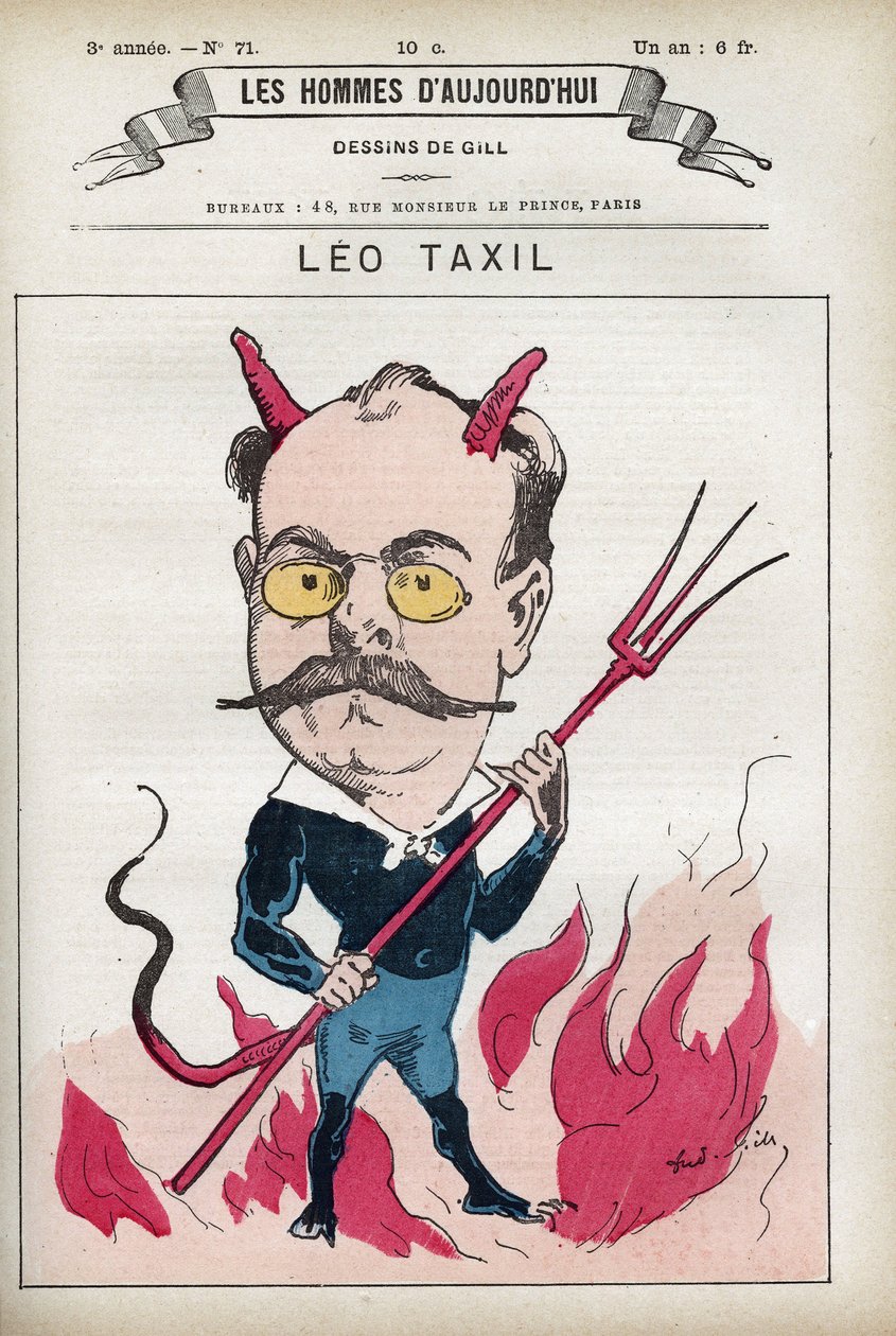 Portrét Lea Taxila (1854-1907), francouzského spisovatele a autora slavného hoaxu, který zdobí papeže a předvečery Francie. Cartoon od Gill, Paříž. od Andre Gill