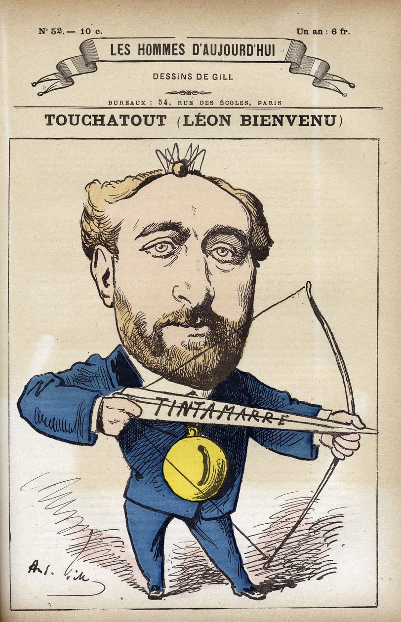 Portrét Leona Bienvenu dit Touchatout (1835-1911), francouzského novináře a autora „L’Histoire de France Tintamarresque“. Cartoon od Gill, Paříž. od Andre Gill