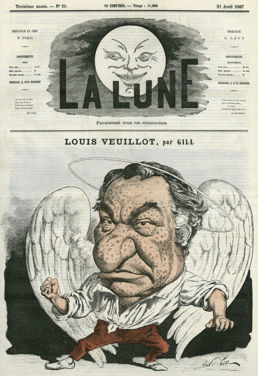 Portrét Louise Veuillota (1813-1883), francouzského novináře a spisovatele. Cartoon by Gill, v "The Moon", 21. dubna od Andre Gill