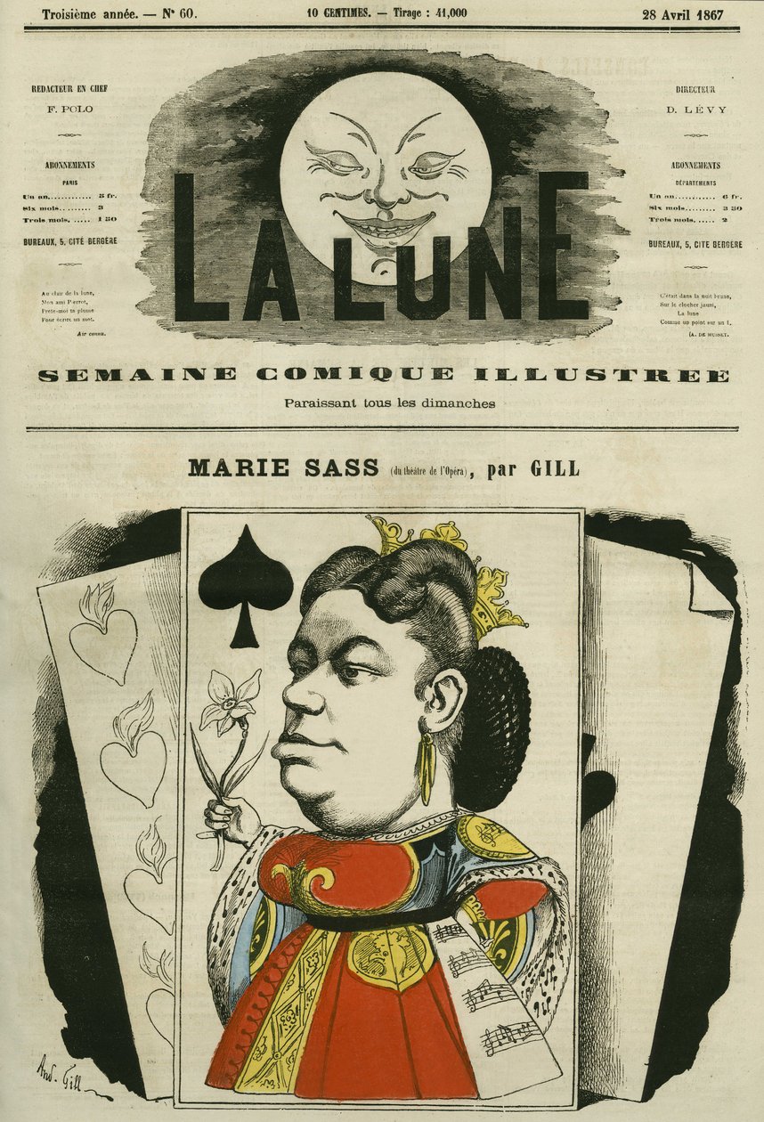 Portrét Marie Sass, zpěvačky operního divadla. Cartoon by Gill, v „La Lune“, 28. dubna od Andre Gill