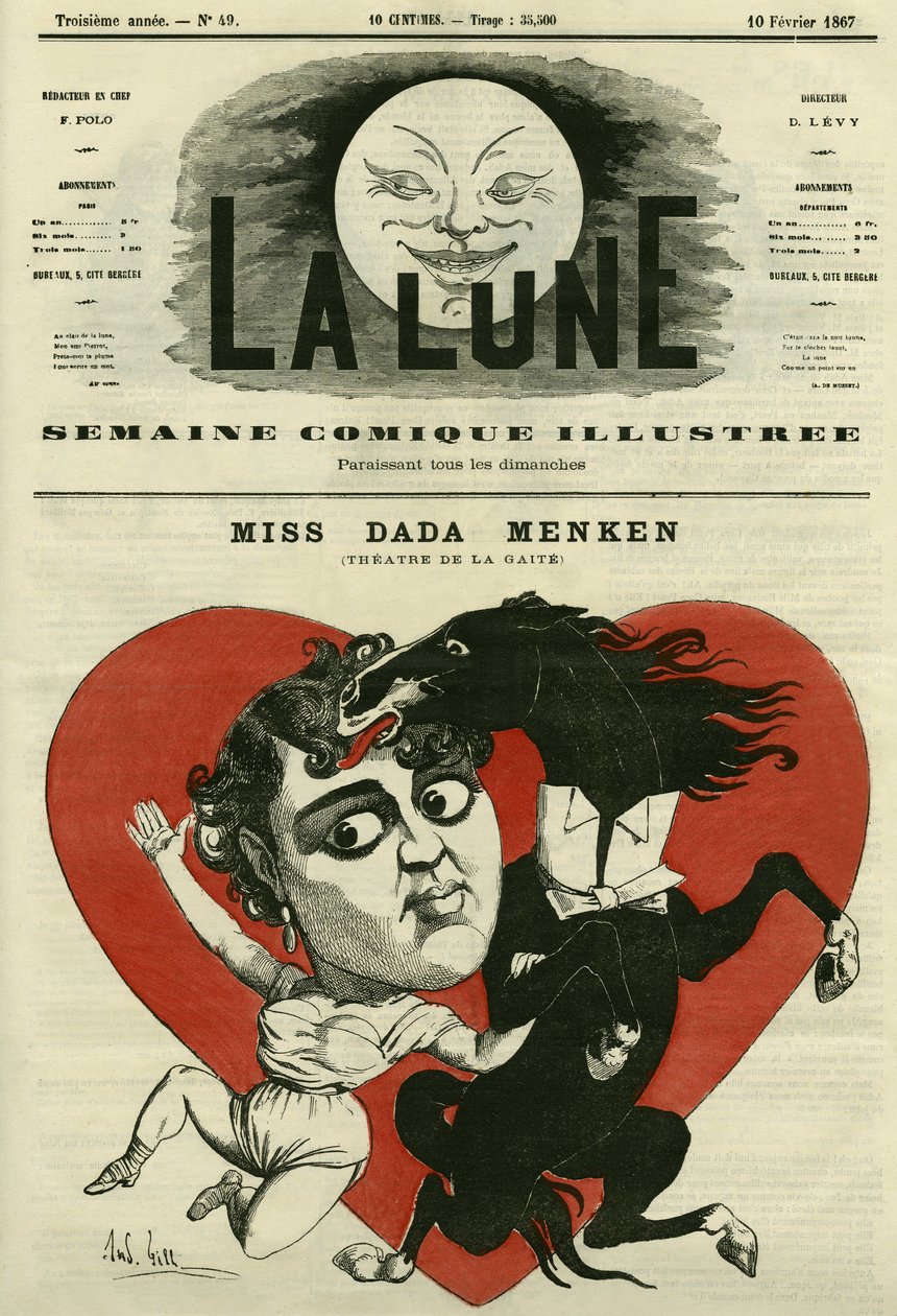 Portrét slečny Adah-Isaacs Menken, zpěvačky v divadle de la Gaite v Paříži. Cartoon by Gill, v "The Moon", 10. února od Andre Gill