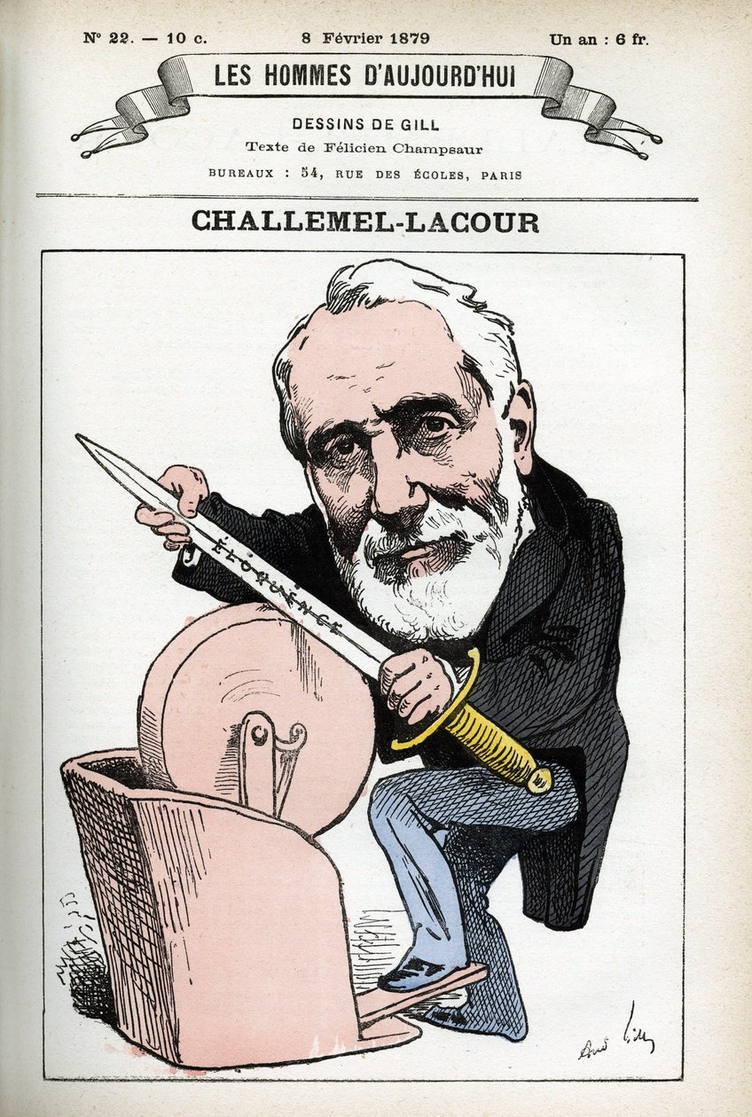 Portrét Paula-Armanda Challemela-Lacoura (1827-1896), politika, diplomata a historika francouzské filozofie. Cartoon od Gill, v "Les Homme d