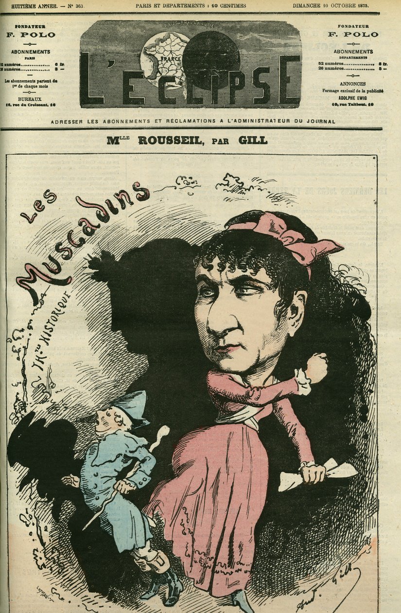 Portrét Roselie Rousseil, francouzské zpěvačky, hrála v Comedie Francaise. Obálka „“L