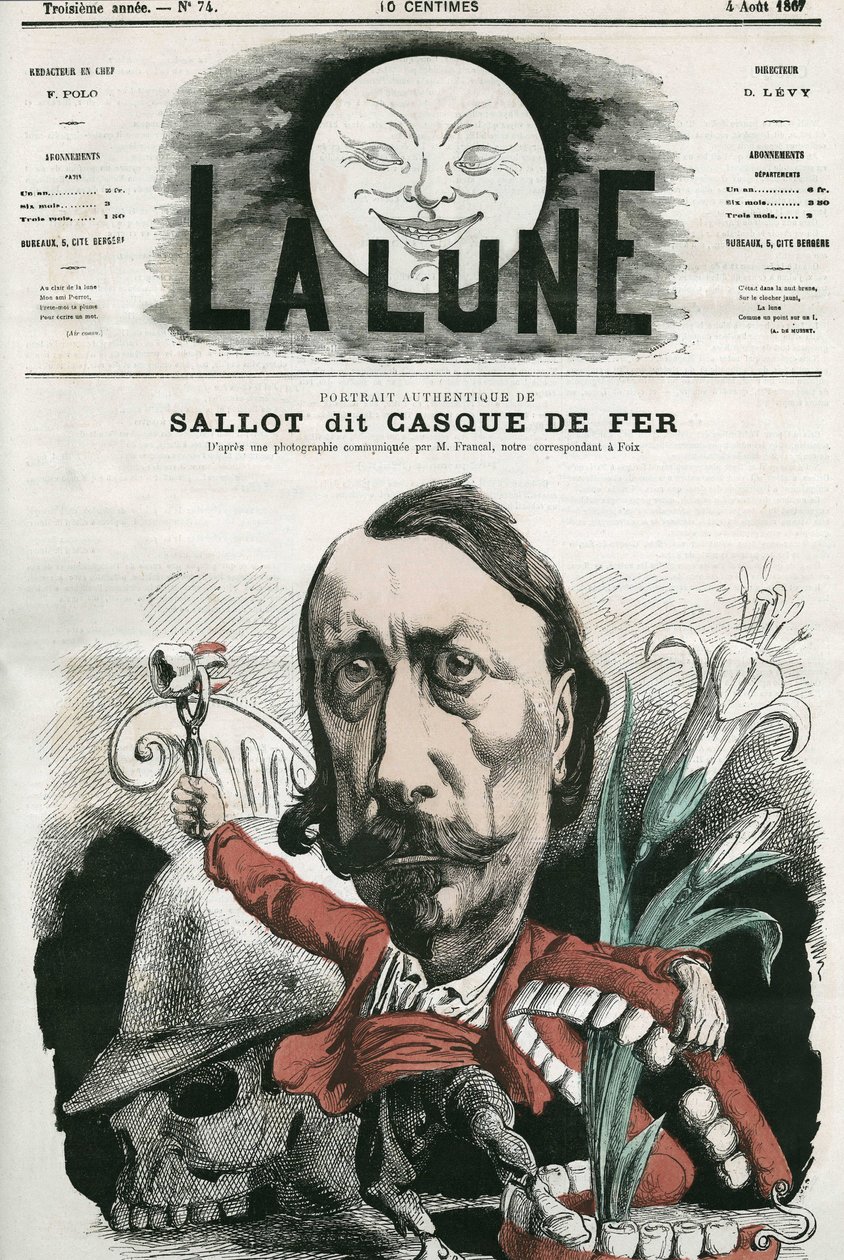 Portrét Sallota, známého jako „železná přilba“. Karikatura Gill, v „La Lune“, 4. srpna od Andre Gill