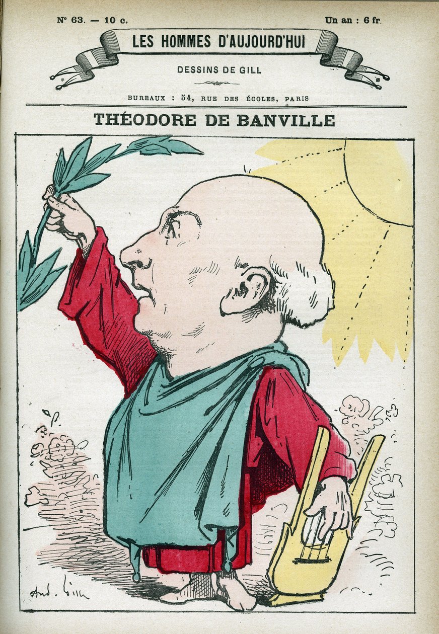 Portrét Theodora de Banville (1823-1891), francouzského básníka a jednoho z vůdců parnasské školy. Cartoon od Gill, Paříž. od Andre Gill