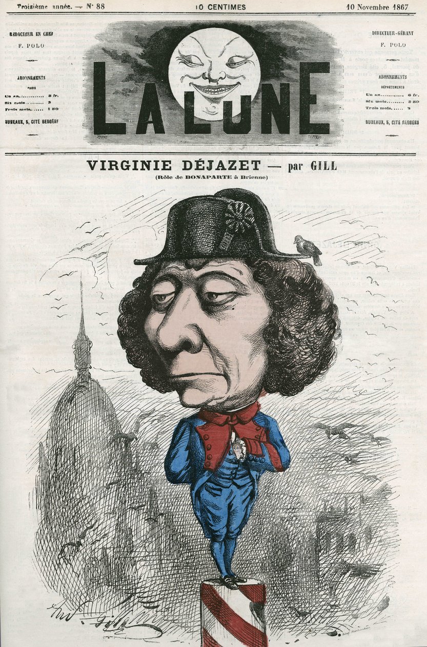 Portrét Virginie Dejazet (1798-1875), francouzské herečky v roli Bonaparte. Cartoon od Gill, v „La Lune“, 10. listopadu od Andre Gill
