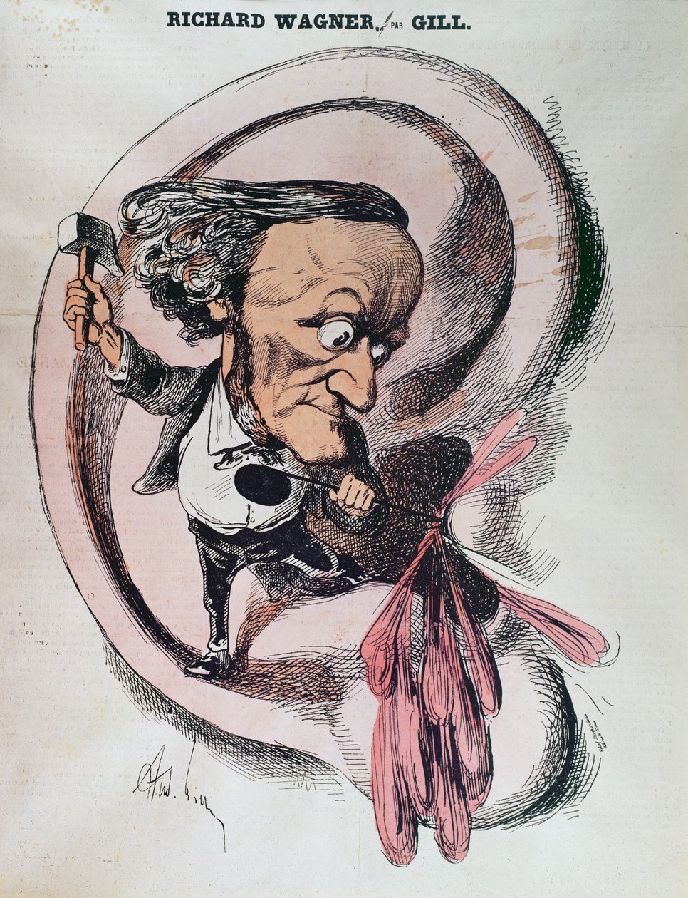 Richard Wagner rozděluje ušní bubínek světa, ilustrace v 