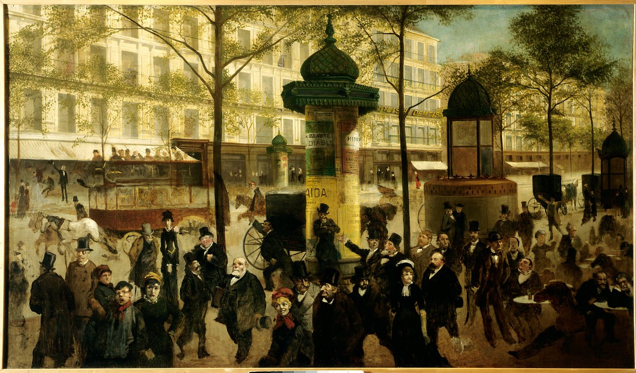 Skica pro panorama Boulevardu Montmartre animuje současné pařížské osobnosti od Andre Gill