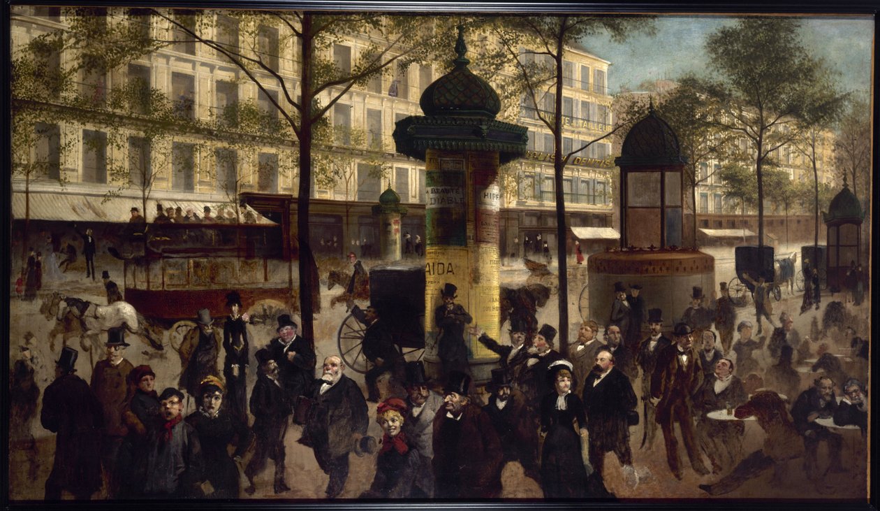 Skica k panoramatu bulváru Montmartre se současnými pařížskými osobnostmi, kolem roku 1880 (olej na plátně) od Andre Gill