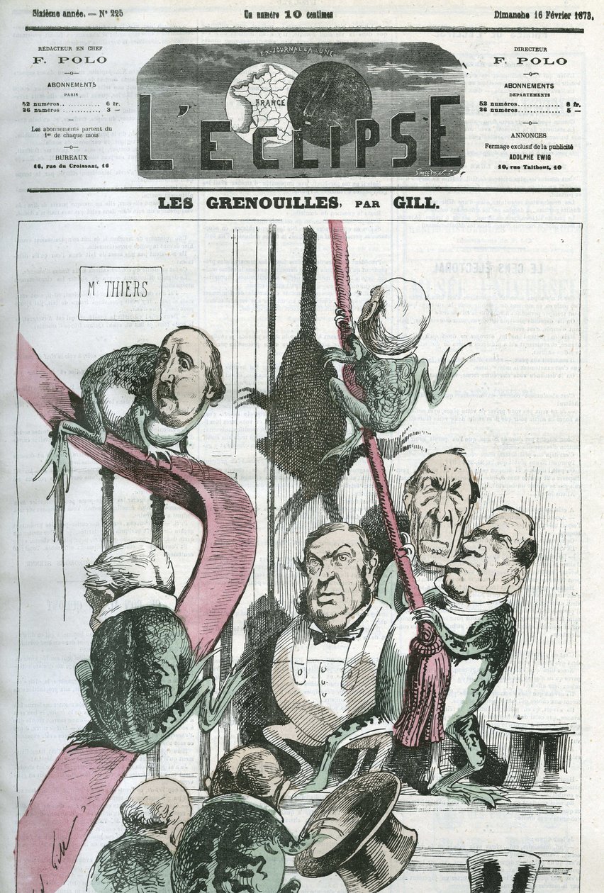 Žáby, karikatura politiků ve vládě prezidenta Thierse v žábách. Obálka “”L