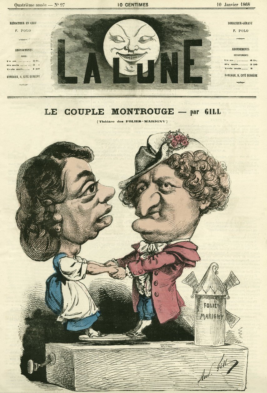 Manželé Montrouge v divadle Folies-Marigny. Cartoon by Gill, v „La Lune“, 10. ledna od Andre Gill