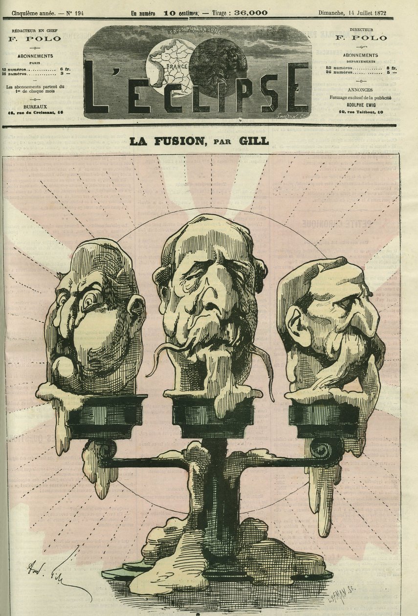 Fúze, ilustrace ústavy shromáždění, s royalisty, bonapartisty a republikány. Obálka “”L
