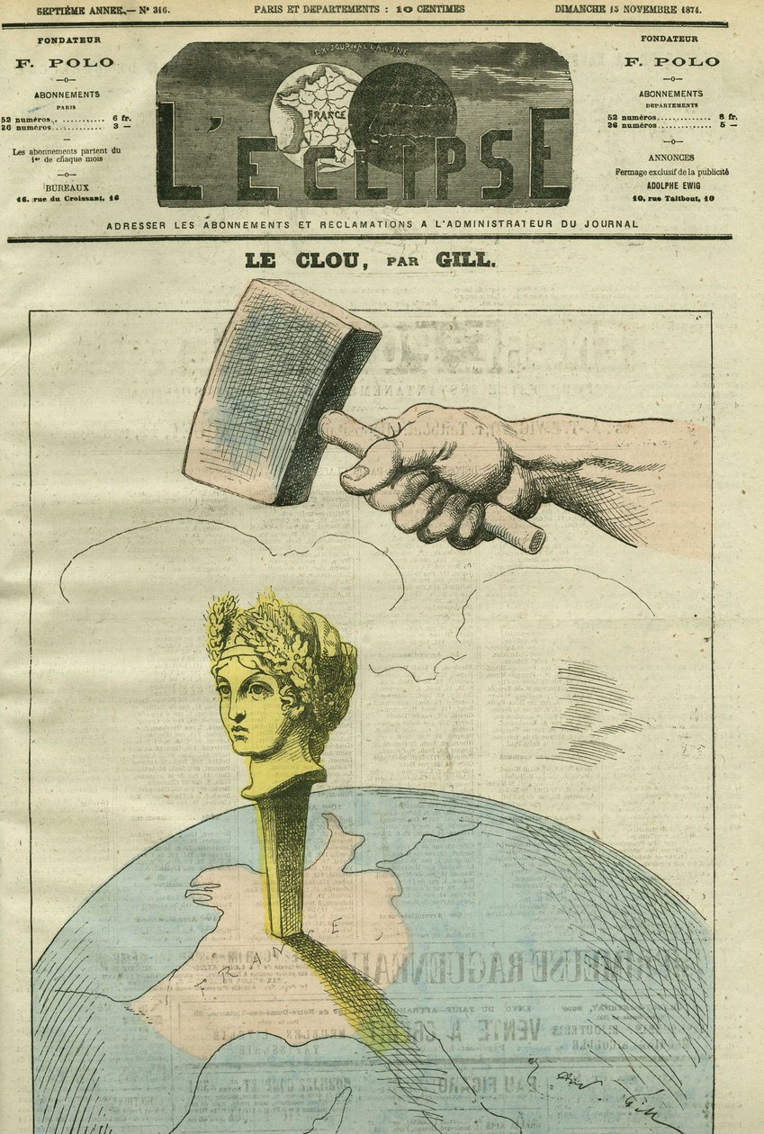 Hřebík, karikatura o republice ilustrující citát Alexandra Dumase Filse: „Názory jsou jako hřebíky. Čím více je trefíte, tím více je trefíte.““ Obálka „“L
