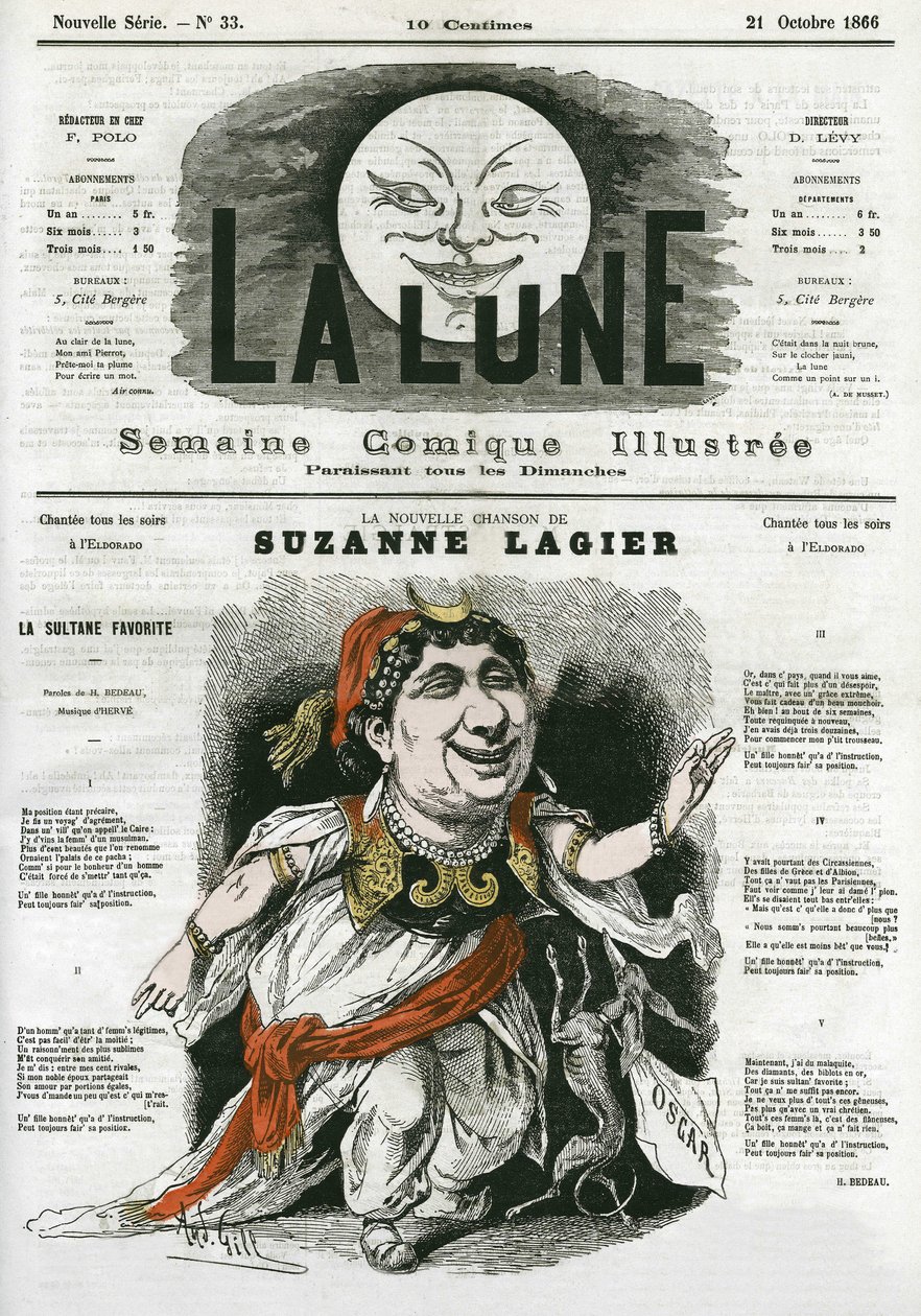 Nová píseň Suzanne Lagier, zpěvačky z Eldorada. Cartoon by Gill, v "The Moon", 21. října od Andre Gill