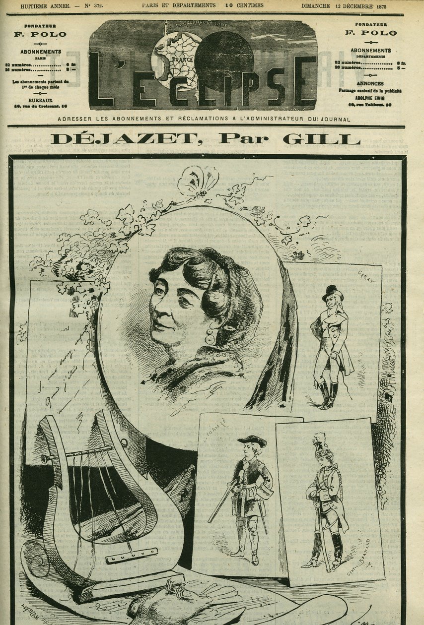 Pocta a portrét Virginie Dejazetové (1797-1875), operní komické zpěvačky. Obálka „“L