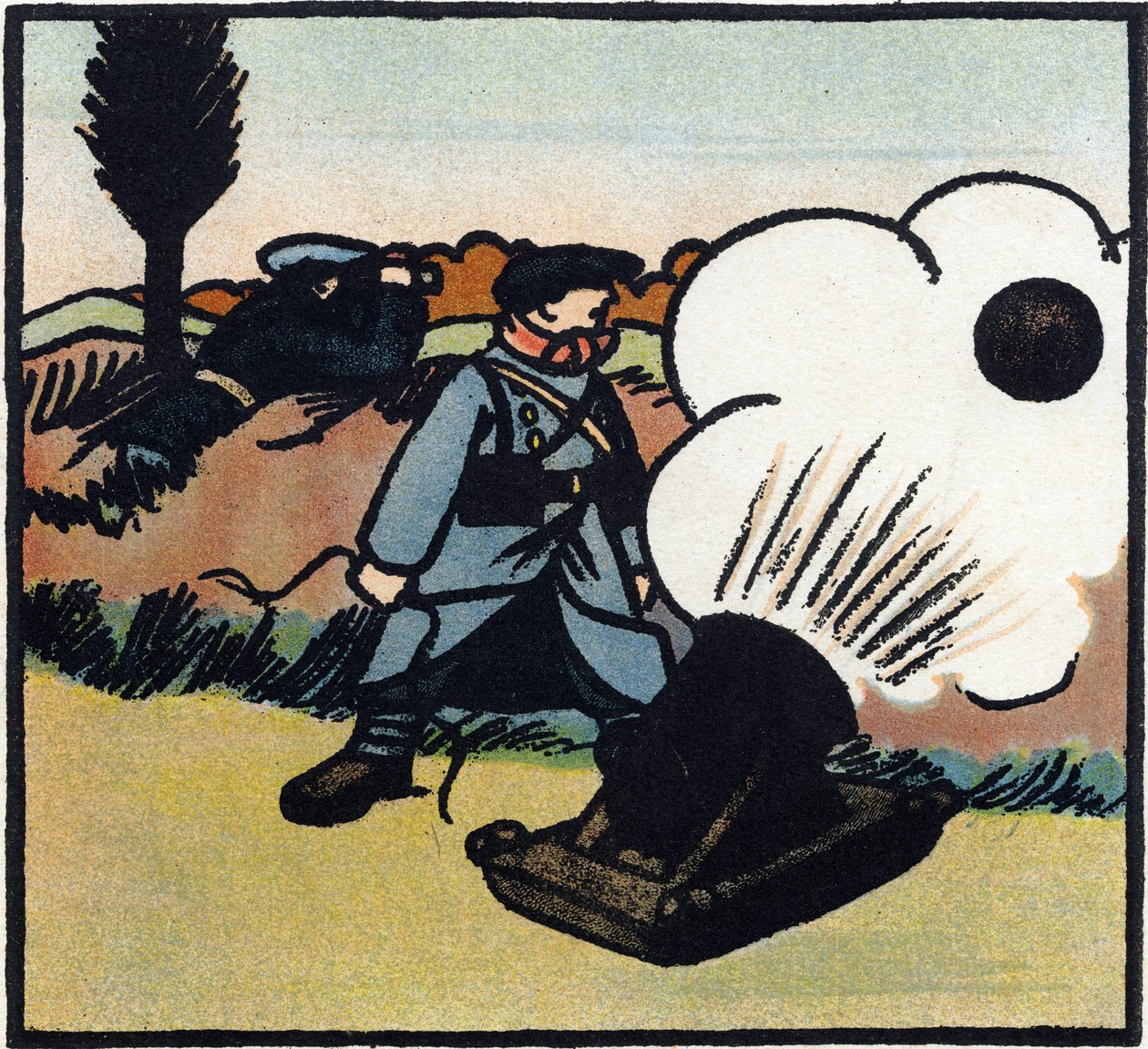 První světová válka 1914-1918 (14-18): Odpalovač bomb. Francouzský voják posílá bomby na nepřítele pomocí děla. Rytina v "Abecedě Velké války 1914-1916 (pro děti našich vojáků)". Editions Berger-Levrault od Andre Helle