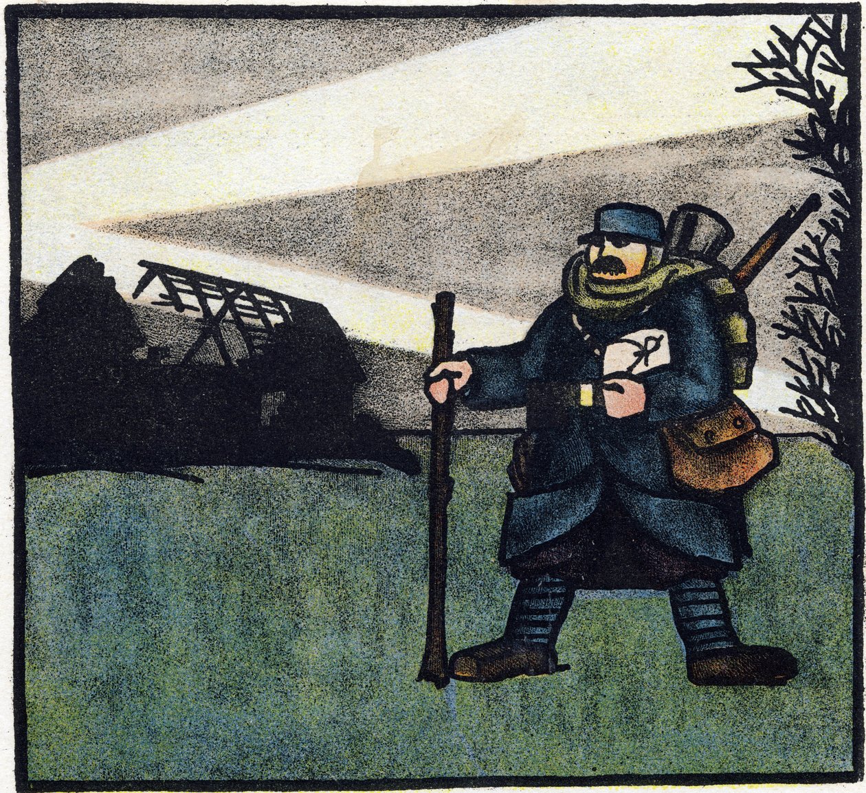 První světová válka 1914-1918 (14-18): Chlupatý. Portrét vojáka francouzské armády ve vojenské uniformě s batohem, brašnou a puškou. Rytina v "Abecedě Velké války 1914-1916 (pro děti našich vojáků)". Editions Berger-Levrault od Andre Helle