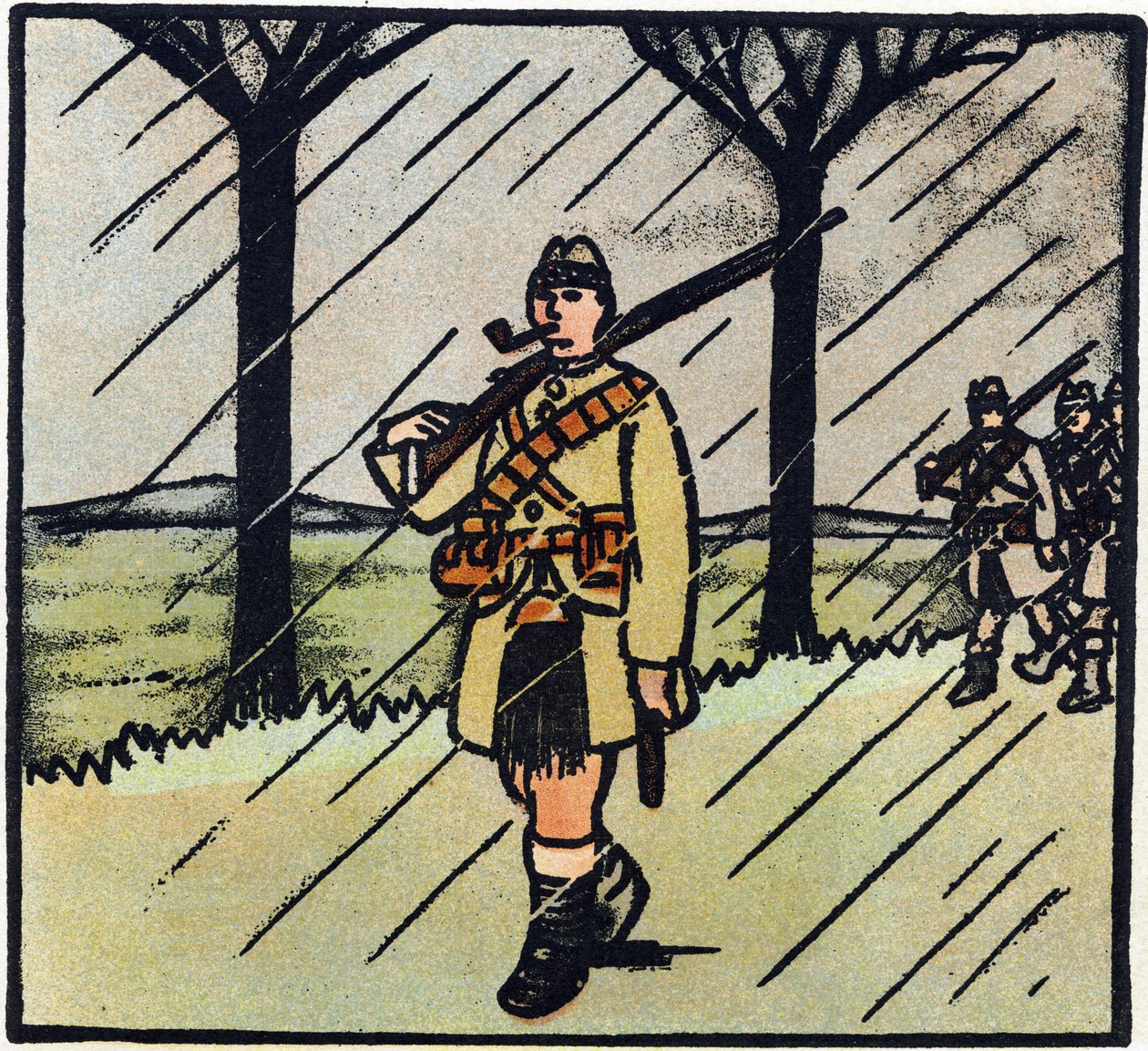 První světová válka 1914-1918 (14-18): Highlander. Vojáci ze Skotska přišli na pomoc francouzské armádě. Jejich vojenská uniforma se skládá z jednoho kiltu. Rytina v "Abecedě Velké války 1914-1916 (pro děti našich vojáků)". Edice Berger-L od Andre Helle
