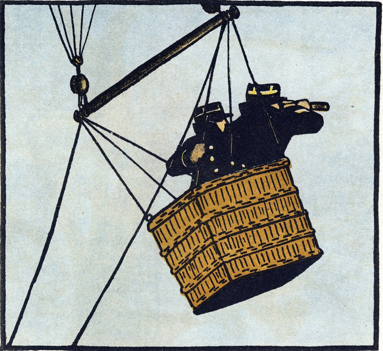 První světová válka 1914-1918 (14-18): Pozorovatelé (pozorovací stanoviště) francouzské armády v zajetí balonu se snaží zpozorovat nepřítele. Rytina v "Abecedě Velké války 1914-1916 (pro děti našich vojáků)". Editions Berger-Levrault od Andre Helle