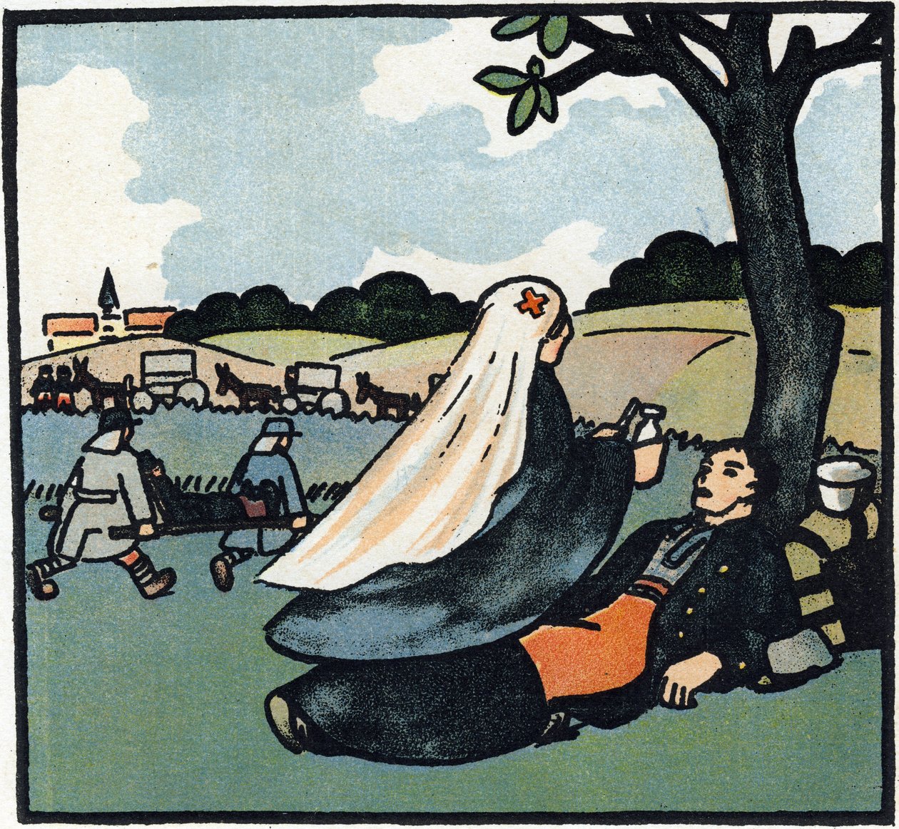 První světová válka 1914-1918 (14-18): Ošetřovatelka Červeného kříže přichází pečovat o vojáky až na bojiště. Rytina v "Abecedě Velké války 1914-1916 (pro děti našich vojáků)". Editions Berger-Levrault od Andre Helle