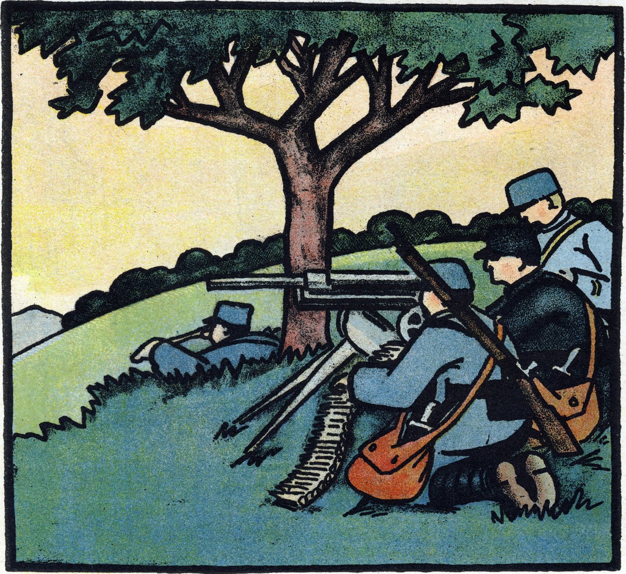 První světová válka 1914-1918 (14-18): Vojáci francouzské armády používají na bojištích kulomety. Rytina v "Abecedě Velké války 1914-1916 (pro děti našich vojáků)". Editions Berger-Levrault od Andre Helle