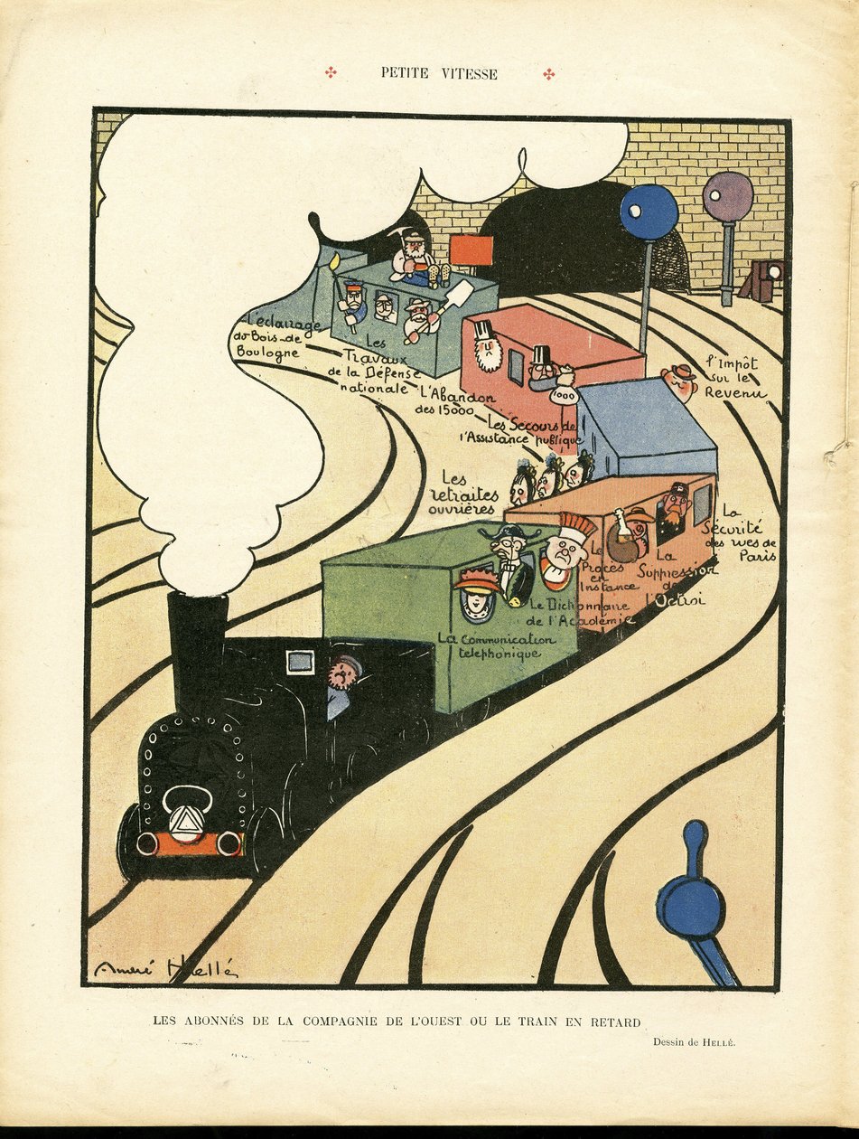 Ilustrace Andre Helleho (1875-1945) v Le Rire, 25/01/08 - Malá rychlost - Doprava, vlak Železnice, západní společnost od Andre Helle