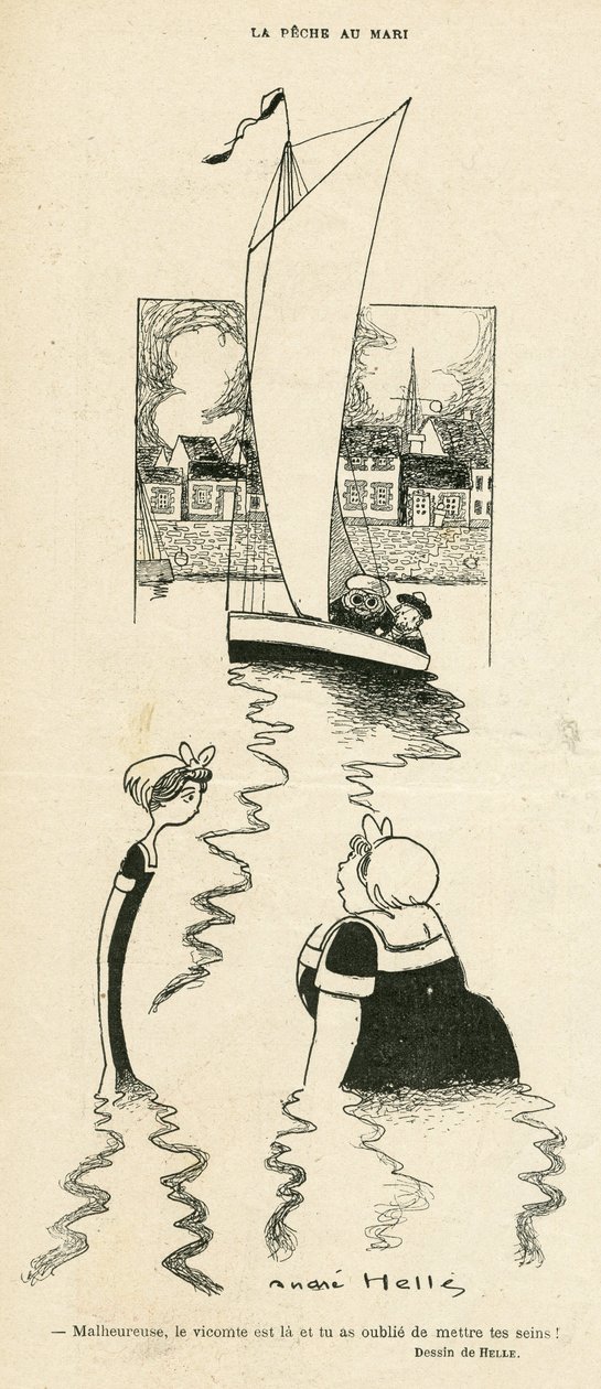 Ilustrace Andreho Helleho (1875-1945) v Le Rire, 03/09/10 - La peche au Mari - Volný čas, láska, mořský mořský mořský pobřeží, Obeite, Yachting od Andre Helle