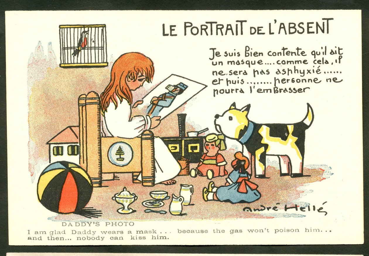 Pohlednice, barevná satirická: Portrét nepřítomného - Válka 14-18 let, ilustrace z dětství, Andre Helle (1875-1945) od Andre Helle