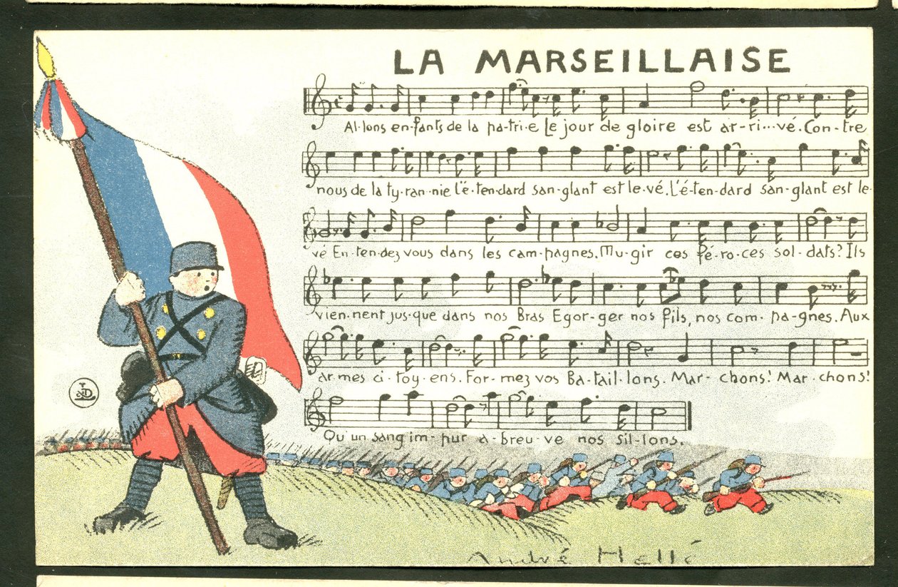 Pohlednice, satirická v barvách: (1875-1945), Marseillaisa, zpívající ilustrace od Andre Helleho (1875-1945) od Andre Helle