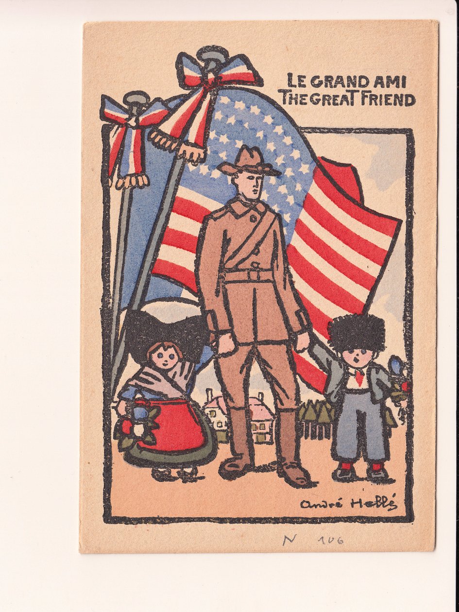 Pohlednice, satirická v barvách: Ilustrace: Le grand ami the great friend - War of 14 -18, Amerika, Alsasko-Lotrinsko Ilustrace: Andre Helle (1875-1945) od Andre Helle