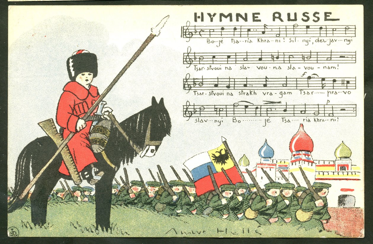 Pohlednice, satirická v barvách: (1875-1945), Rusko, zpěv - vojáci Ilustrace Andre Helle (1875-1945) od Andre Helle