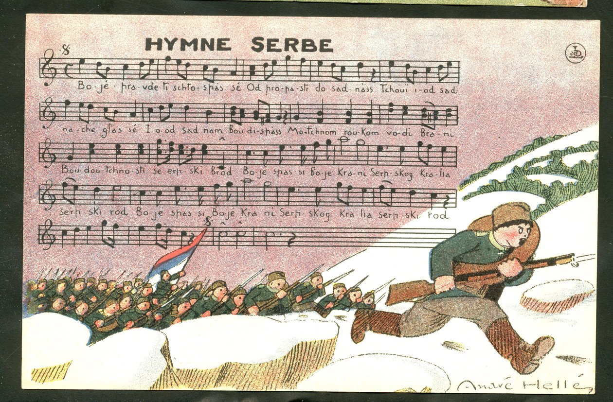 Pohlednice, satirická v barvách: Ilustrace: Andre Helle (1875-1945), Srbská hymna - válka 14-18, píseň, Srbsko - vojáci od Andre Helle