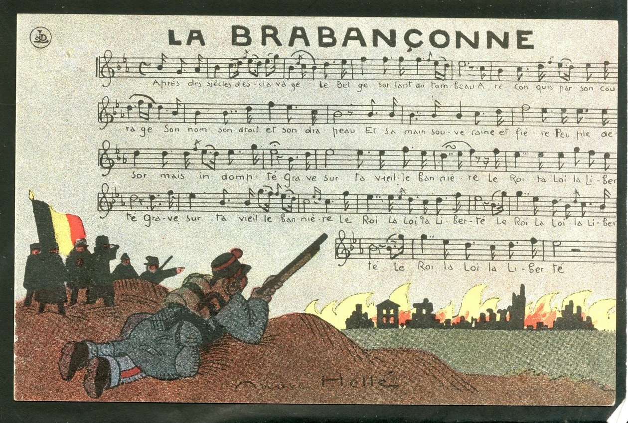 Barevná satirická pohlednice, kolem roku 1915: Ilustrace Andre Helle (1875-1945), 1915, La brabanconne - War of 14 -18, Belgie, Chant - Soldiers (Vojáci) od Andre Helle