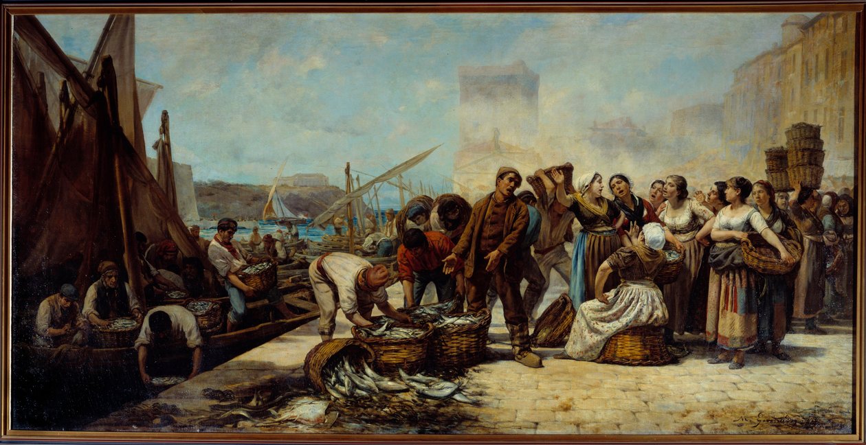 Příjezd rybářů na Quai Saint Jean v Marseille Obraz Andre Marius Guindon (1830-?) Marseille 19. století, Muzeum výtvarných umění od Andre Marius Guindon