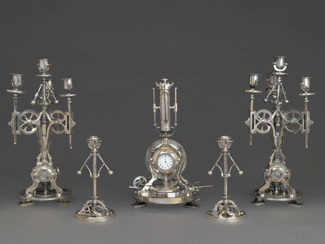 Hodiny, část pětidílného hodinového nábytku, kolem roku 1880 (stříbřený bronz, sklo, papír) od Andre Romain Guilmet